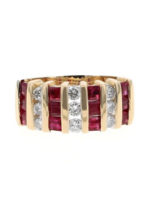 Alternating Seven Row Ruby and Diamond Ring in Yellow Gold